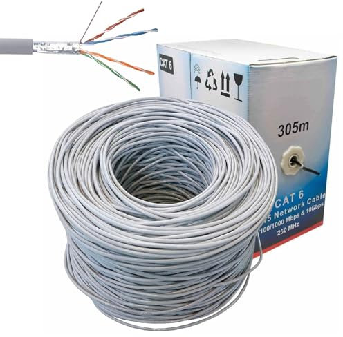 305m Cat6 FTP Ethernet Network Solid Lan Cable AWG23 CCA Indoor Outdoor Shielded FTP 10Gbps 250Mhz Ethernet Network Cat6 305 Meters LAN Cable Roll Gigabit RJ45 Network Cable for CCTV Camera ADSL Grey