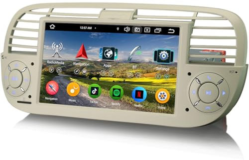 erisin 8-Core 4GB+64GB Android 14 Autoradio per Fiat 500 500C 500S 500E Carplay Android Auto Bluetooth 5.0 GPS DSP WiFi 4G SWC FM Radio Navigatore IPS Schermo Tattile (Bianco)