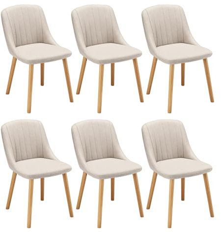 Goeurvant Lot de 6 Chaise Beige Salle a Manger Pieds Bois Chaises de Salon Chaises de Cuisine en Polyester avec Dossier pour Salon