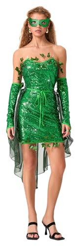 Edhomenn Costume da donna per Halloween, cosplay, deluxe, verde, senza maniche, foglie finte con paillettes, mini abito con guanti (H-verde, XL)