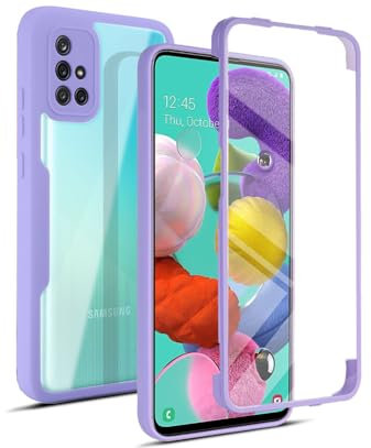 ILING Transparente Hülle für Samsung Galaxy A51 4G, 360-Grad-Ganzkörper Stoßfest Schutzhülle mit Eingebauter Displayschutz, Ultra Dünn Harte PC Silikon TPU Handyhülle (Lila)