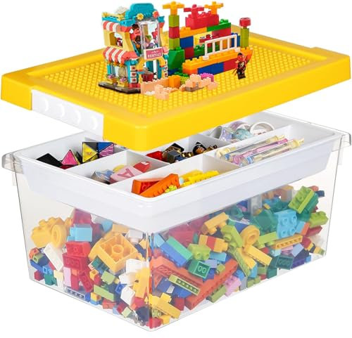 Duscdesp Aufbewahrungsboxen mit Deckel für Bausteine, Spielzeugkiste mit Abnehmbares Tablett und Bauplatte, Sortierboxen für Kleinteile Kunststoff Aufbewahrungsbox für Spielzeug, Handwerk (Gelb)