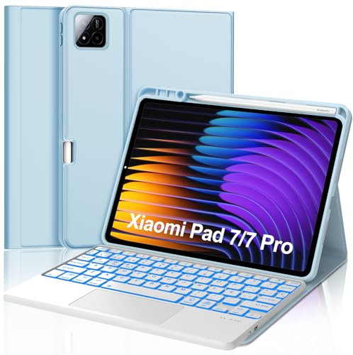 Teclado con Trackpad para Xiaomi Pad 7/7 Pro 11.2, Teclado Bluetooth Desmontable con Retroiluminación de 7 Colores y Funda Protectora para Tablet Xiaomi Pad 7/7 Pro 2025 11.2 Pulgadas, Azul Claro