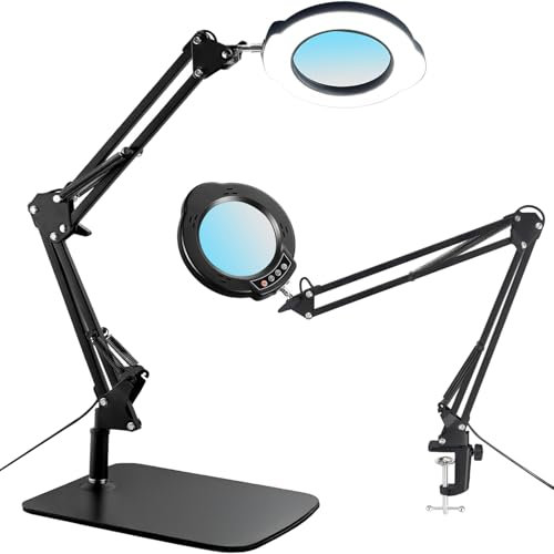 Schreibtischlampe mit 15-facher Vergrößerung, mit Klemme und Sockel, 5 Farbmodi, 10 Stufen einstellbare Helligkeit, 15-fache Lupe, 10,7 cm Leselupe für Senioren, Buch, Zeitung, Lesen, Basteln