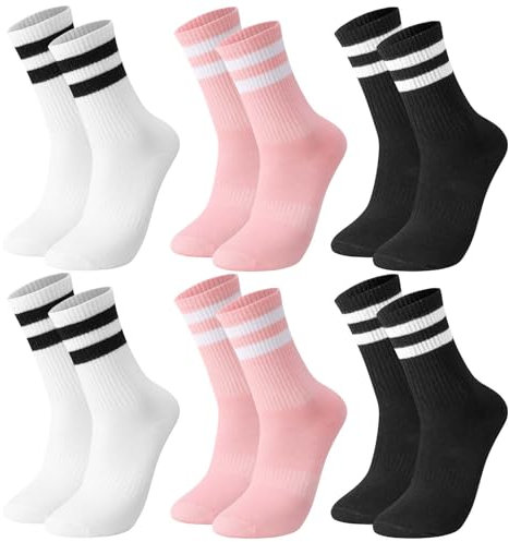 Utensilsto 6 Paare Socken Damen 35-38 Tennissocken Bunte Sportsocken Lange Retro Socken Baumwollsocken mit Streifen Motiv Laufsocken Arbeitssocken (Schwarz,Weiß,Pink)