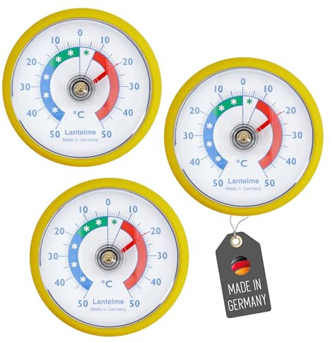 Lantelme 3 Stück Kühlschrankthermometer Set Selbstklebend Temperatur + - 50°C | Thermometer in Gelb auch für Gefrierschrank Eisfach Kühltheke Kühlzelle Kühlfach Kühlschrank | Bimetall Analog (Gelb)