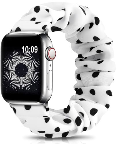 DigiHero Compatible for Apple Watch Straps Scrunchie 38mm 40mm 41mm 42 mm 44mm 45mm,Elastic Solo Loop Straps Women Compatible with iwatch Series 8/7/6/5/4/3/2/SE, White with Black Point A