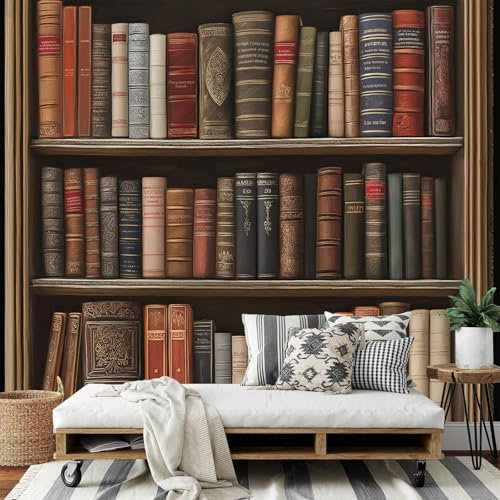 Retro Wohnzimmer Tapete, Bücherregal Fototapete,Tapete Selbstklebende (150 X 105 Cm), Wasserdicht Klebefolie Schlafzimmer Wohnzimmer Küche Dekoration