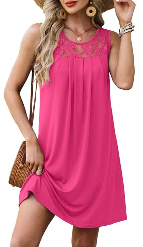 BKRIVE Summer Dresses for Women Sleeveless Pleated Sundress Lace Scoop Neck Beach Vacation Dress Fuchsia L