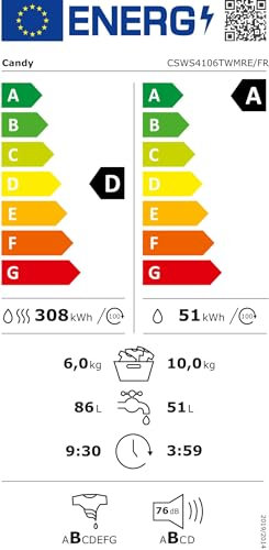 CANDY - Lave-Linge Séchant - Machine à Laver Séchante 10+ 6kg/1400 trs/min - Classe Énergétique A - 15 Programmes - Ecran Digital, Fonction Vapeur - Blanc - 85 x 60 x 54 cm - Modèle CSWS4106TWMRE/FR