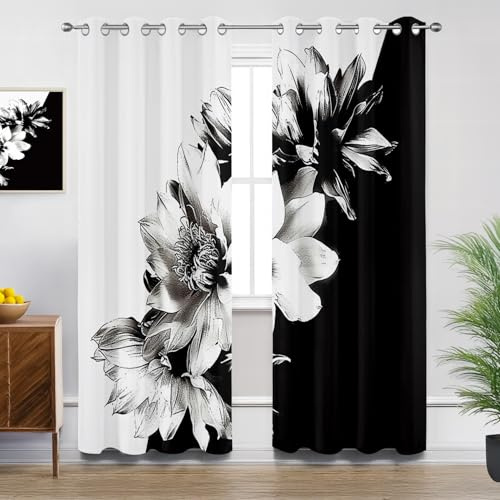 Generisch Vorhänge Blickdicht Schwarz Weiß Floral - Gardinen Mit Ösen Blume Modern Minimalistisch Verdunkelung Svorhang für Schlafzimmer Wohnzimmer Küche Decor Gardinen - 2er Set - H245 x B140cm