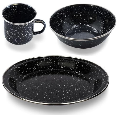 Enamel Camping Mug, Bowl and Plate - Black, Heat Resistant, Ideal Accessory for Camping, Picnic, Hiking, Fishing (1 Mug, Bowl & Plate)