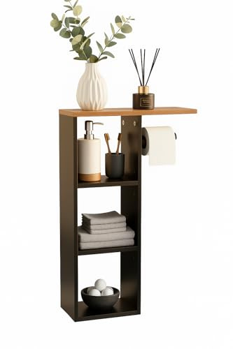 Toilet Paper Holder Floor Stand with Storage Shelf, Black Wood, Free-Standing Bathroom Organiser