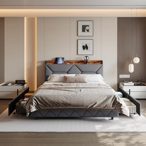 RTYUSWL Doppelbett 160x200cm,Doppelbettrahmen mit 4 Schubladen und USB Ladefunktion,Polster Kopfteil mit Regal,Bett 160x200 mit Schubladen,Schubladenbett mit Stauraum für Jugendliche