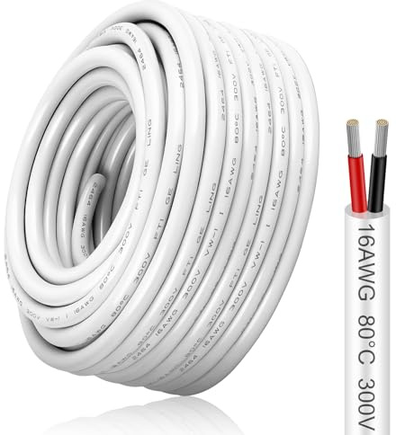 16 AWG Elektrokabel 2×1,5 mm², 2-adriges Anschlusskabel, Flexibles Kupferkabel aus verzinntem Kupfer für 5V/12V/24V, 300V, 10 m Weiß, Niedervoltkabel für LED-Streifen, Modellbau und DIY