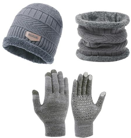 Berretto Beanie Set di Guanti Sciarpa Cappello,guanti touch screen invernali,scaldacollo,cappello per Uomo Donna,per Corsa,Sci,Ciclismo,Snowboard, Arrampicata, Motociclismo,attività all'aperto,Grigio