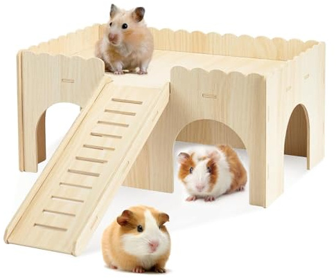 Wooden Guinea Pig House, Guinea Pig Hideout with Cave Stairs 38×25×18.5cm | Detachable Hamster Castle with 4 Entrances for Rat Hamster Hedgehog Hiding and Playing