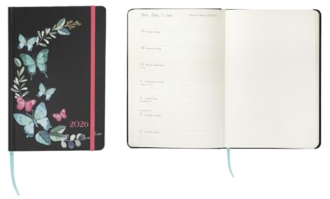 Idena 12063 - Taschenkalender 2026 im Format 13 x 21 cm, 1 Woche auf 1 Seite, Terminplaner in Schwarz mit Schmetterlingsmotiv, Gummiband, Innentasche und Leseband