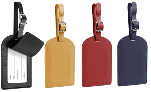 MeiLang 4Pcs Leather Luggage Tags, Suitcase Labels w/Privacy Cover, Adj | Waterproof PU leather, 4 colours (Black/Navy/Yellow/Red), Hide info, For bags/cruise, Gift idea