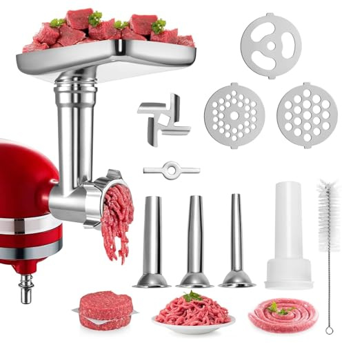 GREENSAPPIRE Fleischwolf Aufsatz für KitchenAid Küchenmaschinen | 3 Wurstfüllrohren, 4 Mahlscheiben, 2 Messern, Zubehör für Fleischverarbeitung
