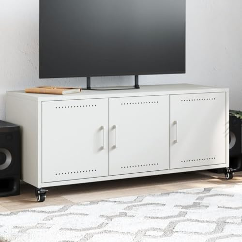 IBUQDDV TV-Schrank Weiß 100,5x39x43,5 cm mit 3 Türen und 4 Rollen aus Kaltgewalztem Stahl – Robuster Medienschrank mit Stauraum und Schmutzabweisender Oberfläche für Wohnzimmer
