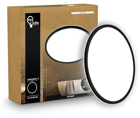 B.K.Licht - LED Deckenlampe mit indirektem Licht, Flach, Neutralweißes Licht, IP44, Panel, LED Lampe, Deckenleuchte, Badezimmer Lampe, Wohnzimmerlampe, Küchenlampe, 29x3cm, Schwarz
