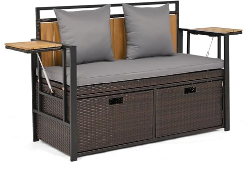 COSTWAY Gartenbank Polyrattan mit Stauraum, klappbaren Seitenablagen und Kissen, wetterfeste Truhenbank, 2-Sitzer Balkonbank, Sitzbank für Garten, Balkon, Terrasse, 120 x 51 x 82 cm (Grau)