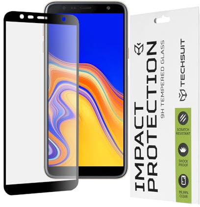 Techsuit Displayschutzfolie für Samsung Galaxy J4 Plus, J6 Plus Gehärtetes Glas mit 9H Härte, Vollständige Abdeckung, Stoßschutz, Oleophobe Beschichtung, Anti Fingerabdruck, Kratzfest, 111D Full Glue
