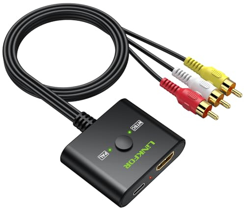LiNKFOR Convertisseur HDMI vers RCA avec Câble Intégré 60cm - Prise HDMI Femelle - Commutation NTSC/PAL - 1080p - Compatible Vieille TV - Alimentation USB