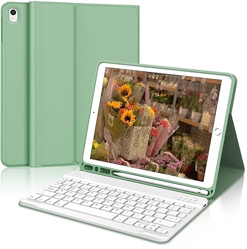 Funda Teclado for iPad 9/8/7 generacion 10.2/Air 3/Pro 10.5 Pulgadas | Capa Keyboard QWERTY Español Ñ, Bluetooth Magnético Desmontable Recargable Teclado con Portalápices, Verde claro