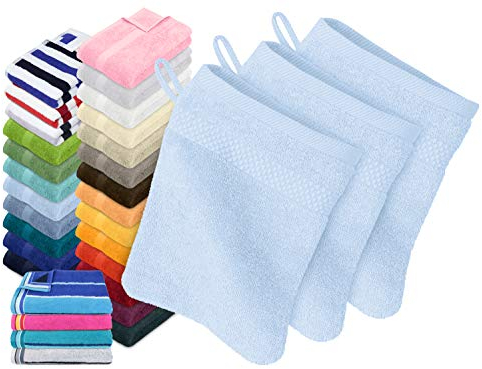 Dyckhoff Traumhaft weiche Bio-Handtuchserie - erhältlich in 22 modischen Unifarben in 7 verschiedenen Größen, sowie 7 Streifen-Variationen, 3er-Pack Waschhandschuhe 16 x 21 cm, himmelblau