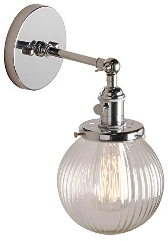 PathsOn 15cm Industrial Modern Vintage Retro Wall Lights, Loft Bar Kitchen Sconce Lights Lamp Fixture with Ribbed Globe Clear Glass Light Shade (Chrome)