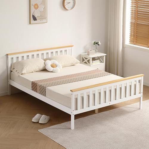Comfy Living 5ft King Bed Frame with Mattress, Solid Pine Wooden Bed for Adults Kids Teenagers, Atlantis Style, White with Caramel Bar