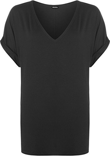 WearAll Women's New Plus Size Womens Short Turn Up Sleeve Baggy Plain Top Ladies V-Neck T-Shirt Black SM