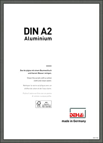DEHA Design Bilderrahmen, 42 x 59,4 cm (A2), Aluminium, Grau matt, Posterrahmen zum Aufhängen im Hoch- & Querformat, bruchsicheres Kunstglas, Boston