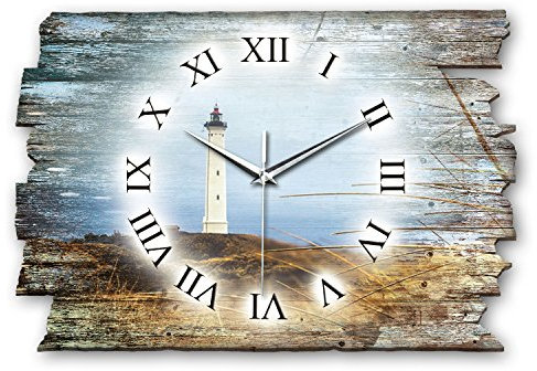Kreative Feder Designer Wanduhr Weißer Leuchtturm aus Holz Größe 40x27cm - Funkuhr im Landhaus-Stil Shabby-Style Made in Germany leise ohne Ticken (Weißer Leuchtturm, leises Funkuhrwerk)