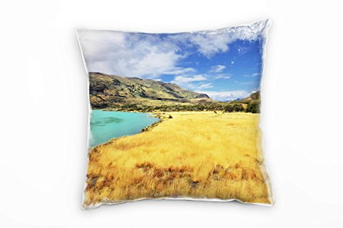 Paul Sinus Art Seen, gelb, türkis, braun, Berge, gelbes Gras Deko Kissen 40x40cm für Couch Sofa Lounge Zierkissen - Dekoration zum Wohlfühlen