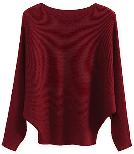 Suéter para mujer, con hombros descubiertos, manga de murciélago, suelto, suéter de punto sólido, Vino, Talla única