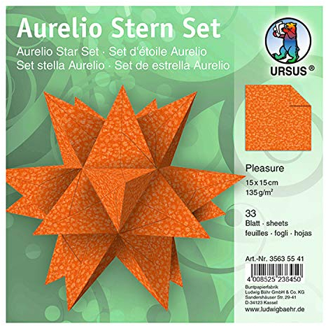 Ursus 35635541 - Faltblätter Aurelio Stern Pleasure, orange, 33 Blatt, aus Papier 135 g/qm, ca. 15 x 15 cm, beidseitig bedruckt, ideal als Weihnachtsdeko