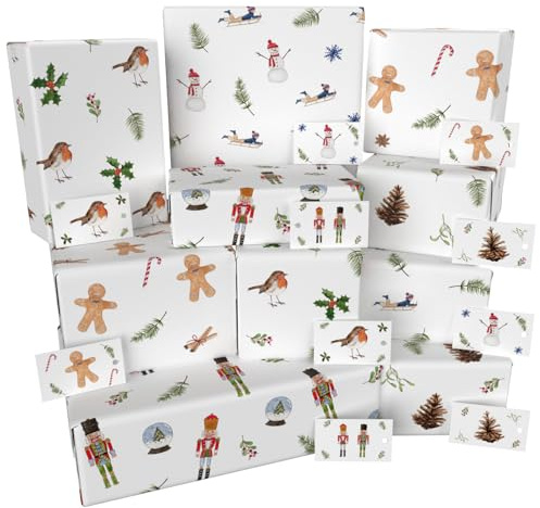 Luxury ECO Xmas Gift Wrap - 10 sheets/tags - Christmas White Ten Pack - Recycled & Recyclable Wrapping Paper - Re-wrapped