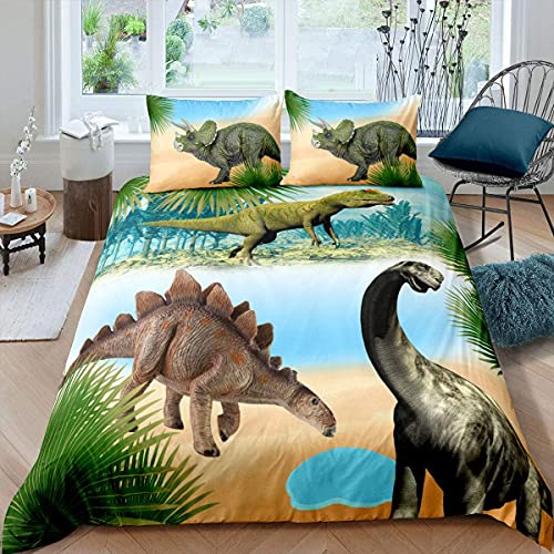 Loussiesd 3D Dinosaurier Bettwäsche Set Kinder Bettbezug Set Cartoon Dinosaurier Betten Set für Kinder Mädchen Jungen 2 Stück 100x135cm + 40x60cm Ultraweiche Mikrofaser Bettwäsche Set, Niedlich