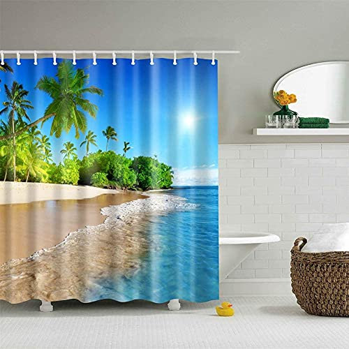 CIUJOY Beach Shower Curtain, Anti-Mould Waterproof Polyester with 12 Hooks, for Bathtub and Shower in Bathroom 71 x 71
