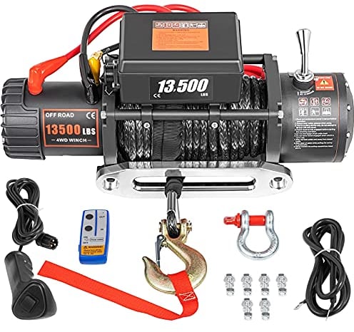 VEVOR Verricello Elettrico 13.500 LBS/6123,5 kg 12V, Verricello per Camion con Telecomando Wireless, Paranchi Elettrici con Fune da 27m(Corda Sintetica per Impieghi Gravosi)