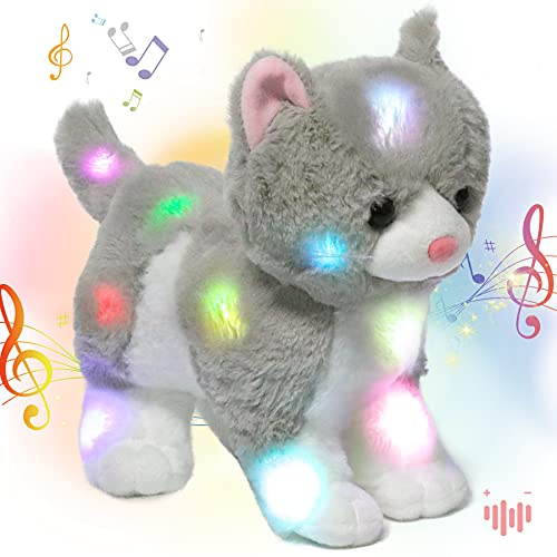Hopearl LED Musical Stuffed Kitty Light up Singing Plush Cat Adjustable Volume Lullaby Animated Soothe Birthday Christmas Winter Gifts for Kids Toddler Girls, Gray, 13.5''