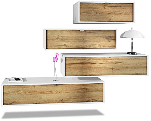 Vladon Wohnwand Lana V3 Anbauwand aus 4 Hängeelementen mit 10 Fächern, Made in Germany, Korpus in Weiß matt, Fronten in Eiche Natur | Große Farbauswahl