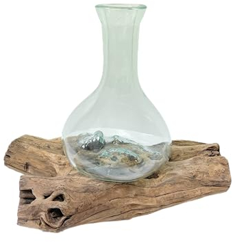 My Family House Glass Carafe on Wood - Handmade Vase Rustic Drift Wood Base Recycled Glass Bowl Fairtrade Sustainable Unique Ornament Home Decor Eco Friendly Gift 30 x 30 x 20 cm