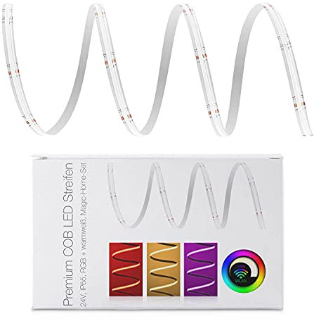 LED Universum COB LED Streifen WLAN Set RGB-W mit Magic Home Controller & Netzteil Band Strip Premium Filament 24V LED Streifen IP65 RGB-WW bunt (4 Meter)