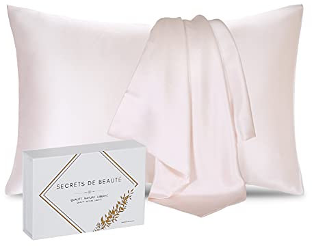 Taie d'oreiller 100% Soie Naturelle de mûrier 25 Momme Qualité supérieure Grade 6A sans Produit Chimique,Bio- Peau Sensible,Cheveux Afro,Bouclés,Gras,Antichute Cadeau (Rose, 40x60cm)