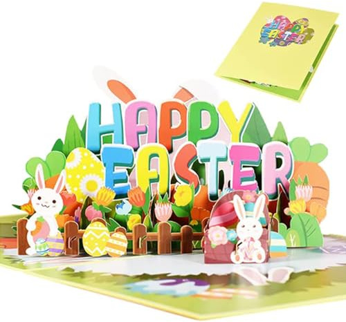 Della Stella Happy Easter Pop Up Card, 3D Greeting Card with Bunny, Eggs and Flowers, Cute Easter Rabbit Card with Envelope for Kids, Family and Friends