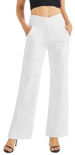 G4Free Yoga Pants for Women Wide Leg Joggers Trousers Crossover High Waist Loose Stretch Work Dress Casual Lounge Pants with Pockets(White,M)